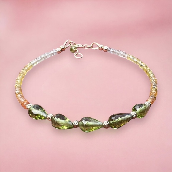 Natural Peridot and Yellow Sapphire Bracelet in Solid 14K Gold 585 - Picture 4 of 11